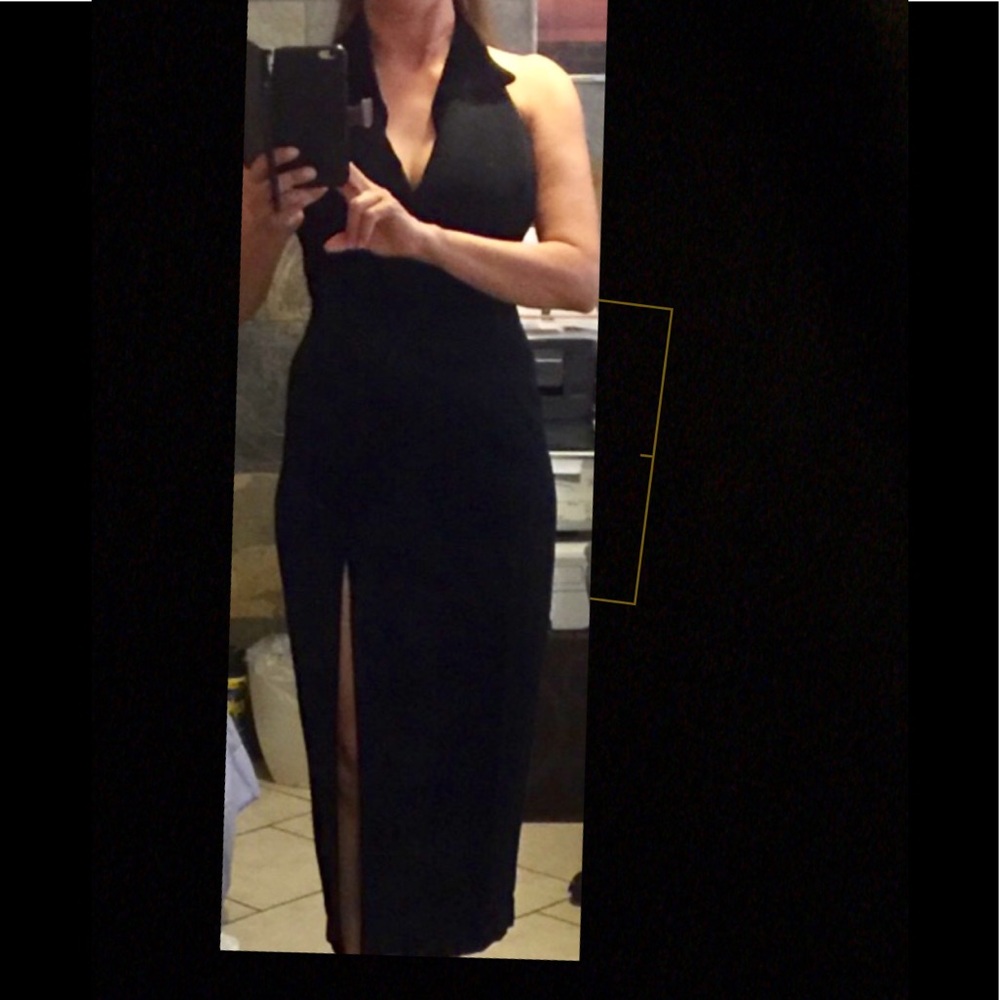 Tahari Black High Neck Slit Gown Formal Dress